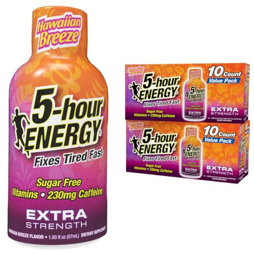 5Hour Energy Extra Strength Hawaiian Breeze Energy Shot 1.93Oz 20Pack “ Sugar Caffeine Energy Booster With Bvitamins & Amino Acids “ Zero Calorie (20 Bottles “ Single Flavor Hawaiian Breeze)