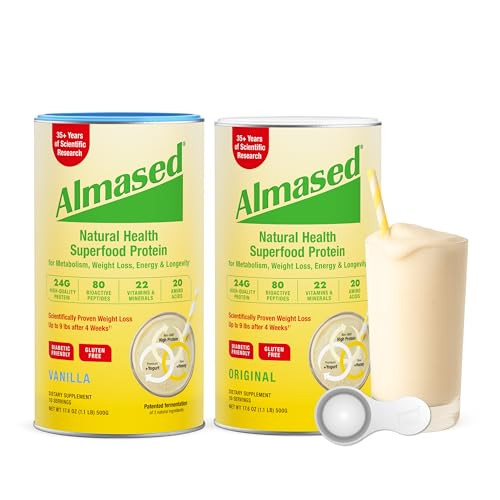 Almased High Protein Shakes Meal Shake Meal Powder For Weight Loss With Shaker Bottle (Original And Vanilla 2 Cans Of 17.6 Oz + Bottle + Scoop)