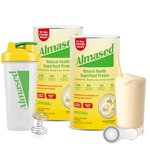 Almased Protein Powder For Weight Loss Kit For Men & Women Natural Meal Shake For Weight Loss Supplement 24 Grams Of Protein Per Serving (Original Flavor 2 Cans 17.6 Oz Ea + Shaker Bottle + Scoop)