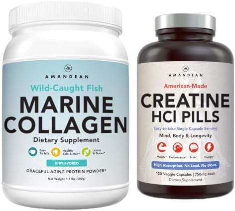 Amandean Premium Creatine Hcl & Marine Collagen Bundle. Usamade Concret. 7X Concentrated. Wildcaught Hydrolyzed Fish Collagen Protein. Antiaging. Support Recovery & Lean Muscle. Healthy Skin