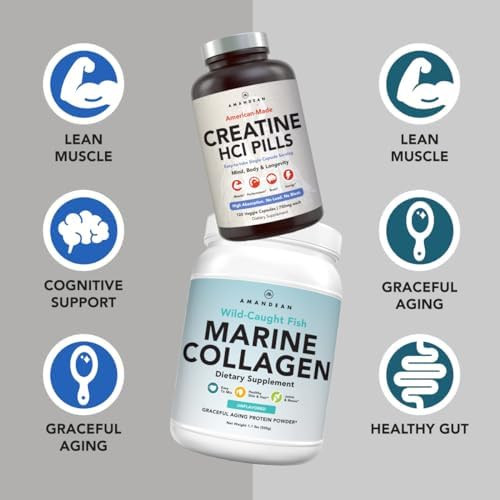 Amandean Premium Creatine Hcl & Marine Collagen Bundle. Usamade Concret. 7X Concentrated. Wildcaught Hydrolyzed Fish Collagen Protein. Antiaging. Support Recovery & Lean Muscle. Healthy Skin