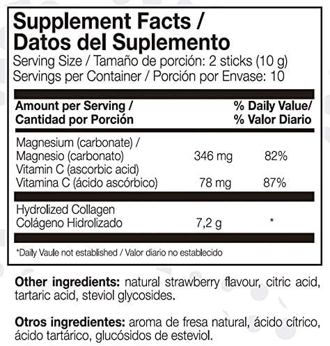 Ana Marã­A Lajusticia Aml Sport Collagen With Magnesium With Vitamin C Sticks Strawberry Flavour Travel Pack 20 Sticks. Hydrolized Collagen. Dairy Gluten And Sugar .