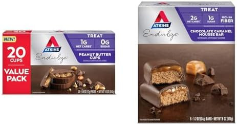 Atkins Endulge Peanut Butter Cups Dessert Favorite Low Carb 0G Sugar 20 Count & Endulge Chocolate Caramel Mousse Bar Dessert Favorite 1G Sugar High In Fiber 5 Count