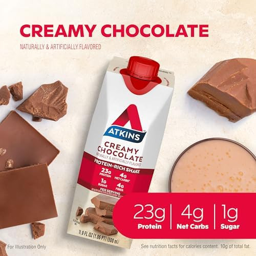 Atkins Creamy Chocolate Meal Size Protein Shake 23G Protein Low Glycemic 4G Net Carb 1G Sugar Keto Friendly 12 Count