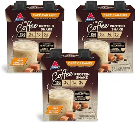 Atkins„¢ Cafã Caramel Iced Coffee Protein Shake & Strawberry Protein Shake 15G Protein Low Glycemic 2G Net Carb 1G Sugar Keto Friendly 12 Count