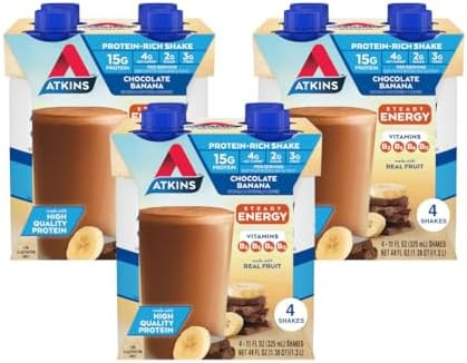 Atkins Chocolate Banana Protein Shake 15G Protein & Strawberry Protein Shake 15G Protein Low Glycemic 2G Net Carb 1G Sugar Keto Friendly 12 Count