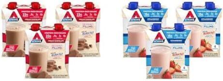 Atkins Creamy Chocolate Meal Size Protein Shake & Strawberry Protein Shake 15G Protein Low Glycemic 2G Net Carb 1G Sugar Keto Friendly 12 Count