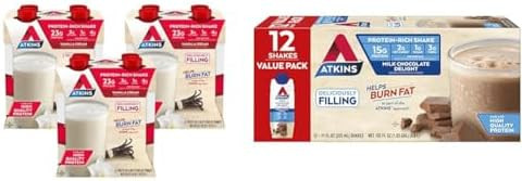 Atkins Vanilla Cream Meal Size Protein Shake 23G Protein Low Glycemic & Milk Chocolate Delight Protein Shake 15G Protein Low Glycemic 2G Net Carb 1G Sugar Keto Friendly 12 Count