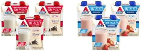 Atkins Vanilla Cream Meal Size Protein Shake 23G Protein & Strawberry Protein Shake 15G Protein Low Glycemic 2G Net Carb 1G Sugar Keto Friendly 12 Count