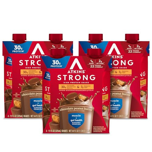 Atkins Strong High Protein Shake Milk Chocolate 30G Protein 7G Prebiotic Fiber Muscle & Gut Health Support Complex 12 Count