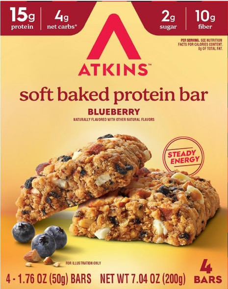 Atkins Soft Baked Energy Bars Blueberry 15G Protein Excellent Source Of Fiber 2G Sugar 4 Count (Pack Of 1)