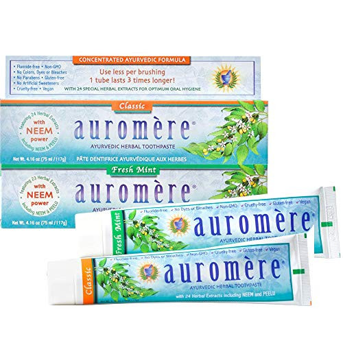 Auromere Ayurvedic Herbal Toothpaste Fresh Mint Licorice Bundle Vegan Natural Non Gmo Flouride Gluten With Neem & Peelu (4.16 Oz) 2 Pack