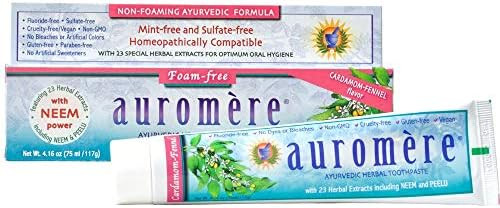 Auromere Ayurvedic Herbal Toothpaste Cardamom Fennel Foam Vegan Natural Non Gmo Sls Fluoride Gluten With Neem & Peelu (4.16 Oz) 3 Pack