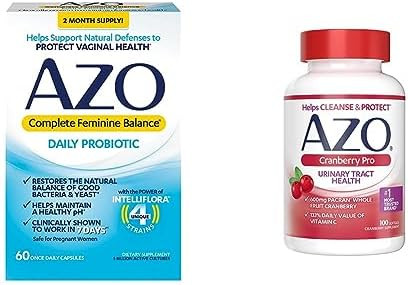 Azo Complete Feminine Balance Daily Probiotics For Women (30 Count) Cranberry Urinary Tract Health Supplement (50 Count)