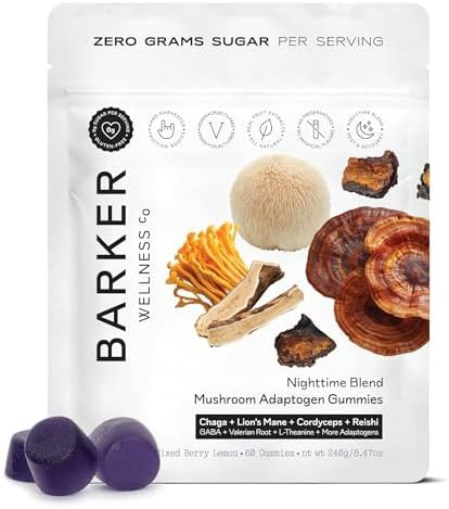 Barker Wellness Co Nighttime Vegan Sugar Adaptogen Mushroom Gummies “ Reishi Lion'S Mane Chaga Cordyceps For Calm Rest & Recovery “ Nongmo Sleep Support & Relaxation Supplement 60 Count