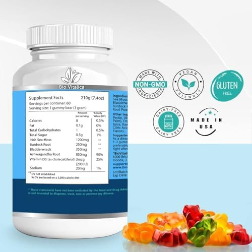 Bio Vitalica Sea Moss Ashwagandha Gummies Organic Irish Seamoss & Ashwagandha Root Supplements For Supporting Energy For Men & Women 60 Vegan Gummies