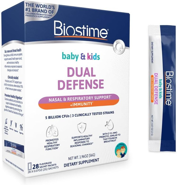 Biostime Baby & Kids Dual Defense “ Nasal & Respiratory Support Includes Probiotics For Immune Support 5 Billion Cfus 2Fl Hmo Prebiotic Clinically Tested Strains 28 Sachets