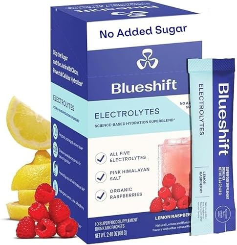 Blueshift Electrolytes Natural Electrolytes Powder Packets Organic Hydration Packets Electrolyte Drink Mix Sticks With No Sugar Single Serve Pack Lemon Raspberry Flavor Powder Sticks (10 Pack)