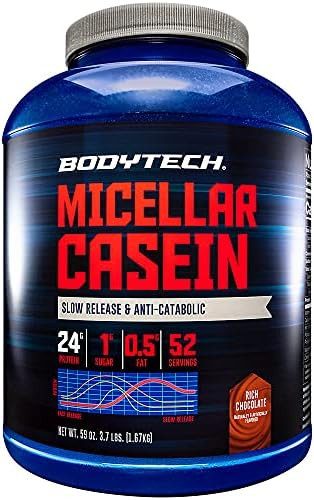 Bodytech Micellar Casein Protein Powder Slowrelease For Overnight Muscle Recovery 24G Protein Per Serving Rich Chocolate (4 Lb)