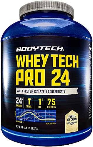 Bodytech Whey Tech Pro24 Protein Powder 24G Protein Per Serving Supports Muscle Growth & Recovery Vanilla Ice Cream (2 Lb 30 Servings)