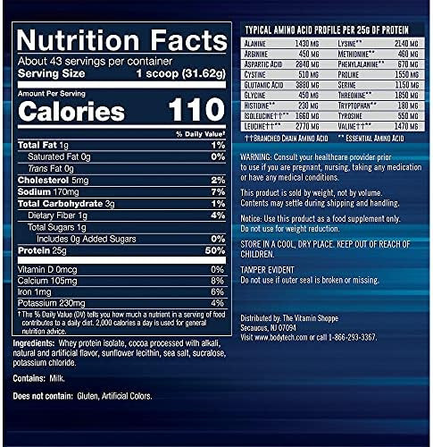 Bodytech Whey Protein Isolate Powder 25G Protein Per Serving With Bcaas Fastabsorbing For Muscle Growth & Recovery Rich Chocolate (3 Lb 43 Servings)