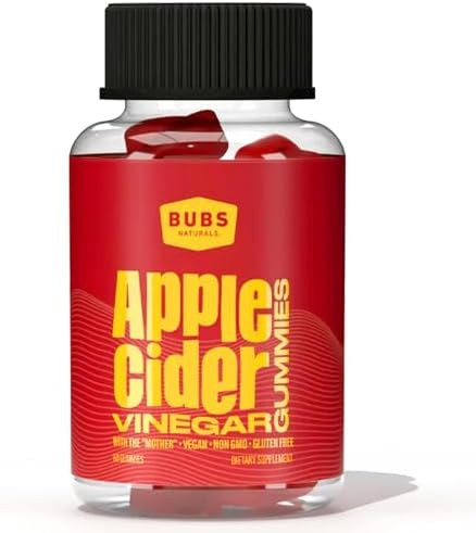 Bubs Naturals Apple Cider Vinegar Gummies With The Mother All Natural Vegan Acv Gummy Vitamins Supports Detox Digestion & Energy Booster With B Vitamins 60 Count