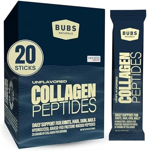 Bubs Naturals Unflavored Collagen Peptides Powder Best Proteins For Joints & Skin Pasture Raised Grass Fed Paleo & Keto Friendly Whole30 Approved Nongmo Dairy & Gluten (20 Stick Packs)