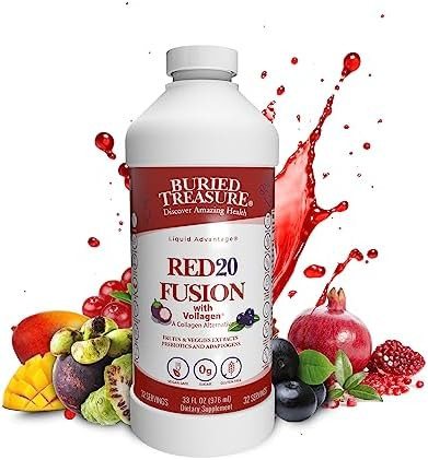Buried Treasure Red20 Fusion Superfood Blend “ Acai Beets Blueberry Fiber Adaptogens Lutein Vegan Vollagen Natural Energy Digestion Eye Health & Wellness Support 32Oz Liquid