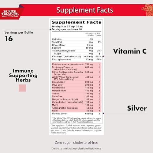 Buried Treasure Acf Extra Strength Liquid Immune Support “ 1000Mg Vitamin C Elderberry Zinc & Ecea “ Shortterm Adult Wellness Supplement 16 Fl Oz