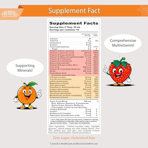 Buried Treasure Children'S Daily Multi Liquid Multivitamin & Minerals Nutritional Dietary Vegan Supplement For Kids No Artificial Ingredients Nongmo Natural Fruit Flavors 16 Oz W/Dose Cup