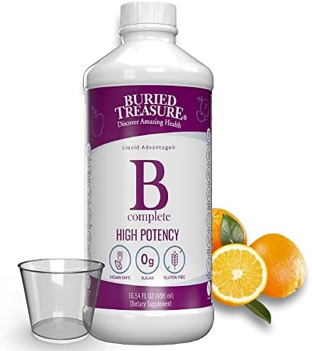 Buried Treasure B Complete Liquid Vitamin B Complex With Methylcobalamin B12 & Methylfolate B9 Biotin B1 B2B3 B5 B6 Liquid & Sugar Women & Men Dose Cup For Measuring
