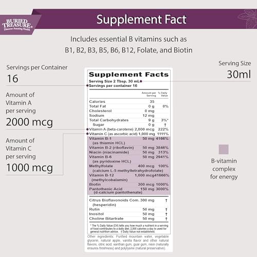 Buried Treasure B Complete Liquid Vitamin B Complex With Methylcobalamin B12 & Methylfolate B9 Biotin B1 B2B3 B5 B6 Liquid & Sugar Women & Men Dose Cup For Measuring