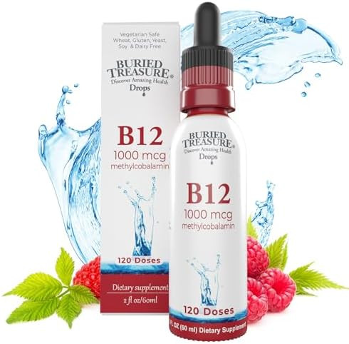 Buried Treasure B12 Drops 1000Mcg Vitamin B12 Methylcobalamin Per Serving 120 Servings Sublingual B12 Alcohol Vegan Raspberry Flavor 2 Oz Bottle Graduated Dropper Accurate Dosing