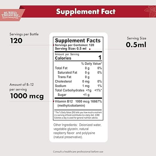 Buried Treasure B12 Drops 1000Mcg Vitamin B12 Methylcobalamin Per Serving 120 Servings Sublingual B12 Alcohol Vegan Raspberry Flavor 2 Oz Bottle Graduated Dropper Accurate Dosing