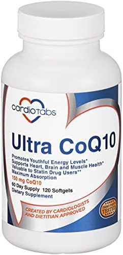 Cardiotabs Ultra Coq10 Coenzyme Supplement For Cardio Health 150 Mg Of Coq10 Ubiquinone Per 2 Softgels W/Safflower Oil & Tocopherols 6X Better Absorption For Brain & Muscle Health 120 Softgels