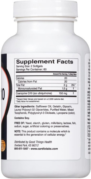 Cardiotabs Ultra Coq10 Coenzyme Supplement For Cardio Health 150 Mg Of Coq10 Ubiquinone Per 2 Softgels W/Safflower Oil & Tocopherols 6X Better Absorption For Brain & Muscle Health 120 Softgels