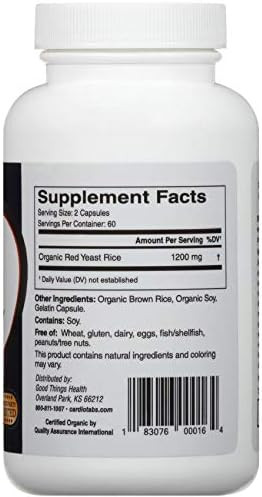 Cardiotabs Red Yeast Rice 30 Day Supply Of 1200 Mg Red Yeast Rice Supplements Gluten Capsules Made With Organic Red Yeast 100% American Made Health Supplements 120 Capsules