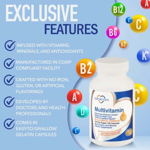 Cardiotabs Multivitamin Heart And Immunity Supplements For Men & Women Multivitamin For Men & Women With Minerals Bvitamin Complex Vitamins A C E K And 2000 Iu Vitamin D3 120Count Bottle