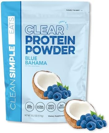 Clean Simple Eats Clear Protein Drinks 20G Grass Fed Whey Protein Isolate Ultra Filtered Light & Refreshing Beverage Low Lactose No Artificial Ingredients Blue Bahama Flavor 20 Servings