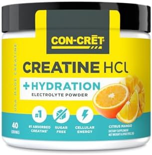 Concret Creatine Hcl + Hydration Electrolyte Powder Tub Citrus Mango Sugar Electrolytes Rehydration Formula W Potassium Sodium Zinc Magnesium To Hydrate & Recover (40 Serv)