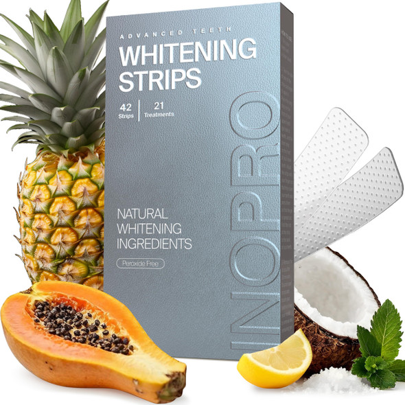InoPro Natural Teeth Whitening Strips Kit 21 Treatments - Sensitive Teeth Whitener, Peroxide Free with Papain, Bromelain, Coconut Oil, White Strips for Teeth Whitening (42 Strips)