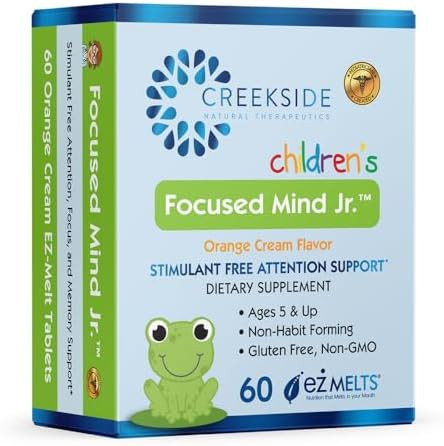 Creekside Natural Therapeutics Focused Mind Jr. Cognitive Support For Children Pediatrician Formulated Stimulant Supplement With Inositol Dmae Sugar Vegan 60 Ez Melt Tablets