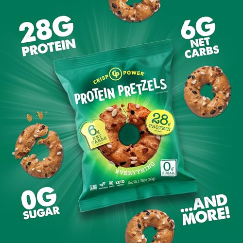 Crisp Power Protein Pretzel Snack Bundle Sea Salt & Everything (6 Packs Each) 28G Protein Per Pack Low Carb Vegan Plantbased Keto Baked Savory Pretzel Bites