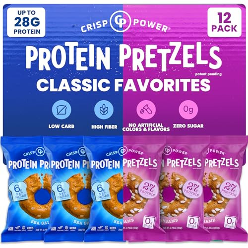 Crisp Power Protein Pretzel Snack Bundle Sea Salt & Sesame (6 Packs Each) Up To 28G Protein Per Pack Low Carb Vegan Plantbased Keto Baked Savory Pretzel Bites