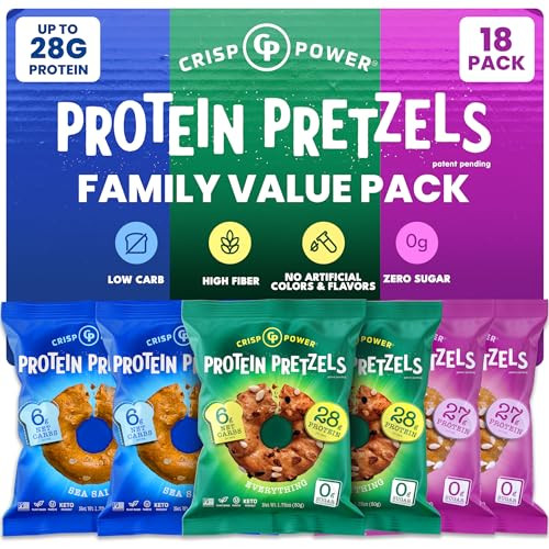 Crisp Power Protein Pretzel Snack Bundle Sea Salt Everything & Sesame (6 Packs Each) Up To 28G Protein Per Pack Low Carb Vegan Plantbased Keto Baked Savory Pretzel Bites