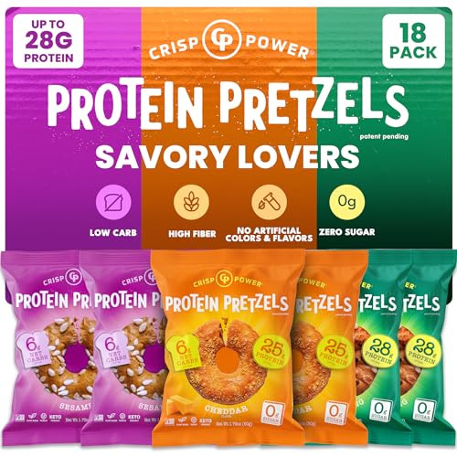Crisp Power Protein Pretzel Snack Bundle “ Sesame Cheddar & Everything (6 Packs Each) “ Up To 28G Protein Per Pack Low Carb Vegan Plantbased Keto Baked Savory Pretzel Bites