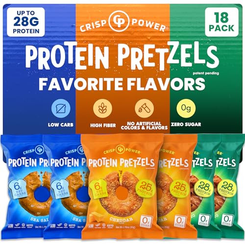 Crisp Power Protein Pretzel Snack Bundle “ Sea Salt Everything & Cheddar (6 Packs Each) “ Up To 28G Protein Per Pack Low Carb Vegan Plantbased Keto Baked Savory Pretzel Bites
