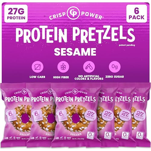Crisp Power Protein Pretzels Everything High Protein Snack 28G Protein Low Carb Crunchy Pretzel Snacks No Added Sugar No Seed Oils 1.75 Oz Bags 6 Pack Vegan Plantbased Keto