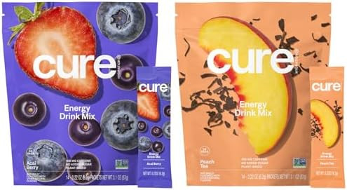 Cure Hydration Performance Bundle Plantbased Electrolyte Energy Mix No Sugar 100Mg Caffeine Nongmo Vegan Dehydration Relief 14Pack Each: Peach Tea & Acai Berry