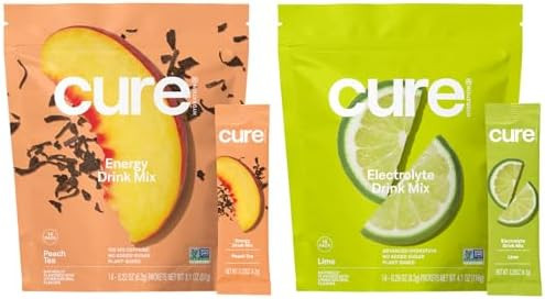 Cure Hydration Plantbased Electrolyte Drink Mix Energy & Dehydration Bundle No Sugar Coconut Water 100Mg Caffeine Nongmo Vegan 14Pack Each: Peach Tea & Lime